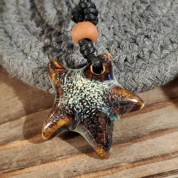 Artsy Star Glazed Blues Browns Porcelain Necklace - Picture 2 of 7